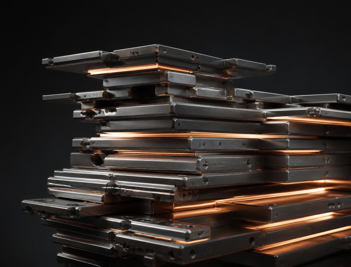Precision metal plates stacked in tight layers with warm light between them