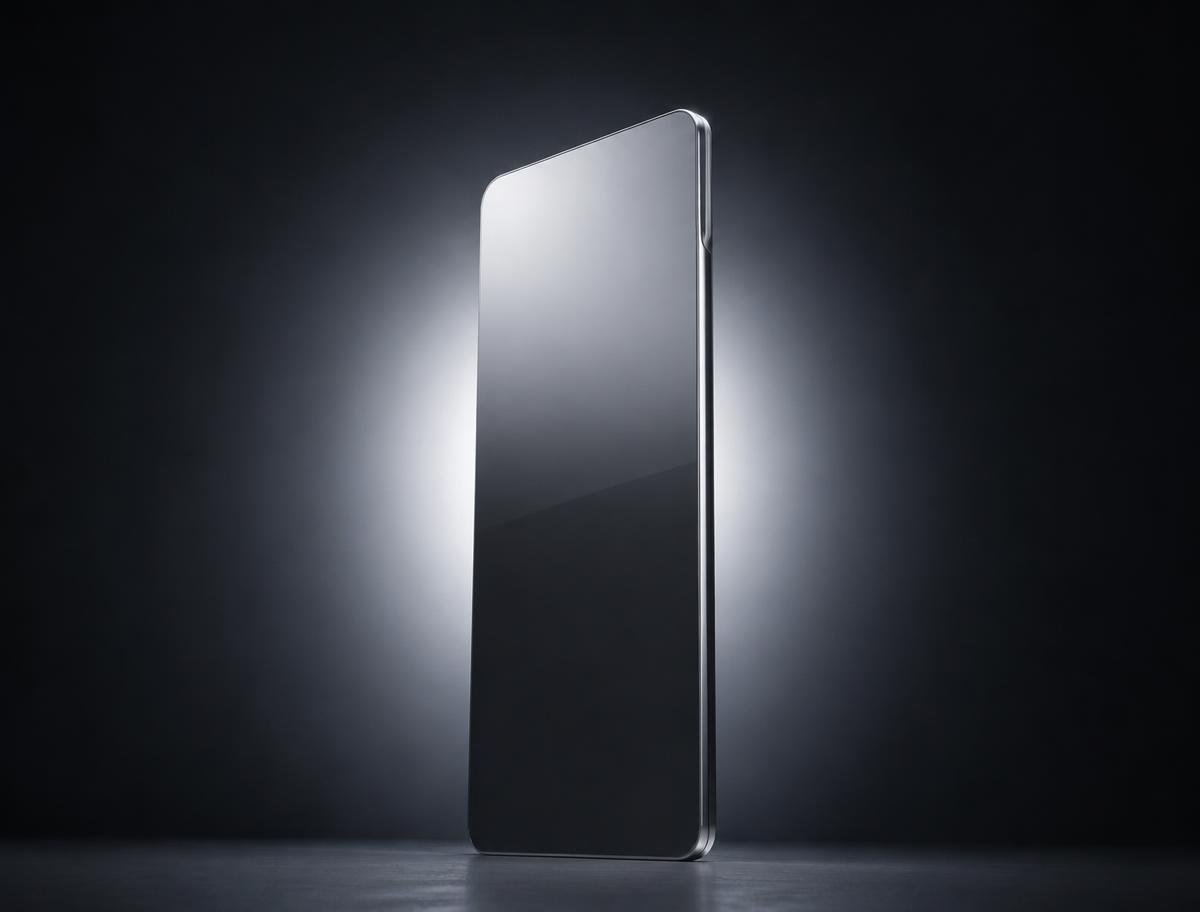 A single finished monolithic slab standing lit against a dark background